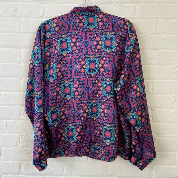 VTG Dalton 70s Jewel Tone Satin Bow Blouse XL Secretary Disco Boho Retro - Picture 4 of 6